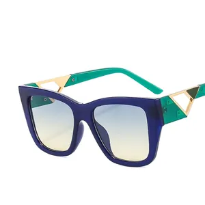 Square block sunglasses with blue purple frames and yellow blue gradient lenses