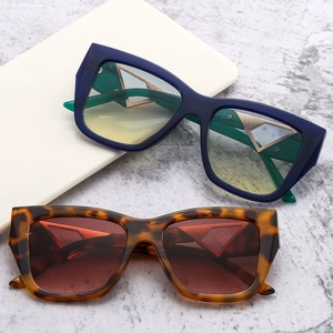 Fashionable square sunglasses with two-tone frames and signature metal triangle accents