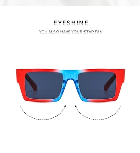Front view of trendy small square sunglasses with unique red and blue ombre color frames