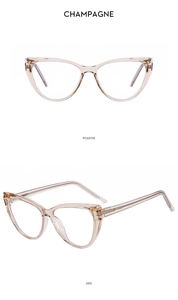 Detaillierte Vorder- und Seitenansicht der champagnerfarbenen Cat-Eye-Brille aus TR90
