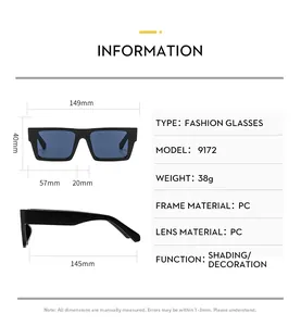 Size chart for small square sunglasses with frame width 149mm and PC lens measurements