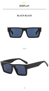 Detail display of black square frame sunglasses with dark lenses from front and side views