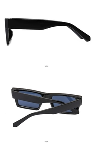 Side view detail of black rectangular sunglasses with glossy finish and dark lenses