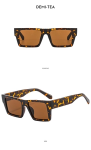 Front and side views of rectangular demi-tea tortoiseshell sunglasses with brown lenses