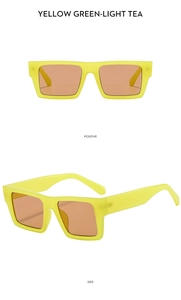 Front and side views of rectangular yellow green sunglasses with light tea lenses