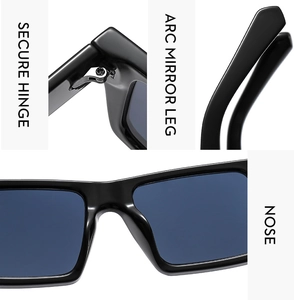 Detail view of reinforced hinge, curved temples and integrated nose pads of sunglasses