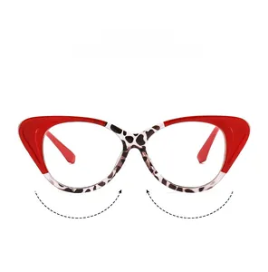 Detail of red and spotted cat-eye frames featuring anti-blue light fashion eyewear