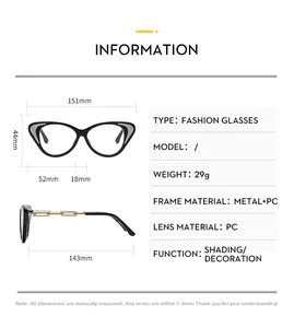 Detailed size chart for cat-eye glasses with frame dimensions and product specifications