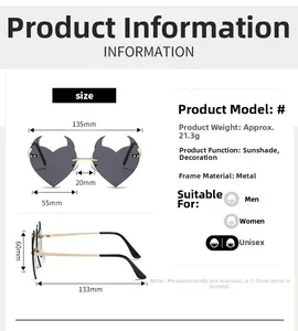 Detailed size chart for rimless devil heart sunglasses with metal frame dimensions