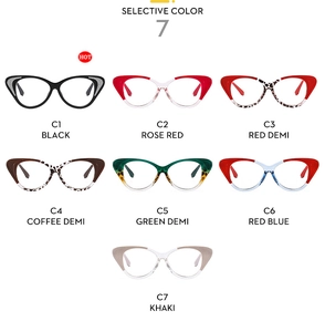 Cat eye blue light glasses frames collection in seven assorted colors and textures