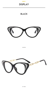 Detail of cat eye glasses frame with silver glitter corners and gold chain temples