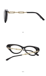 Detail of cat eye glasses frame with luxury golden chain temples from side and back views