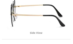 Side view of rimless devil sunglasses featuring thin gold metal temples and grey lenses