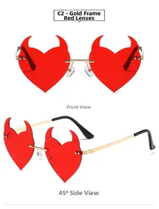 Detailed front and side views of devil heart sunglasses with gold frame and red lenses