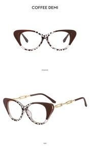 Coffee Demi cat-eye glasses frame with golden chain temples shown from front and side view