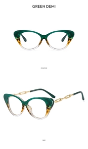 Detail of green demi cat-eye frames with stylish golden metal chain temples