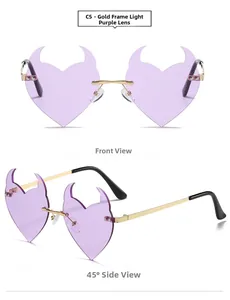 Detailed views of purple heart-shaped devil horn sunglasses with gold metal temples