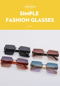 Detail of rimless square sunglasses in gradient black, brown, purple and blue lenses