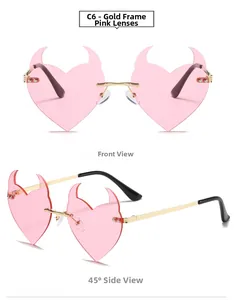 Front and 45-degree side views of pink devil heart rimless sunglasses with gold frames