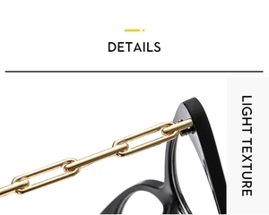 Detail of cat eye glasses with golden metal chain temple and lightweight black frame