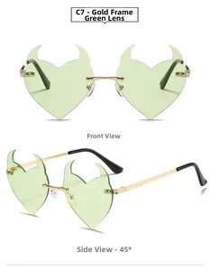 Detailed front and 45-degree angle views of heart-shaped devil horn rimless sunglasses