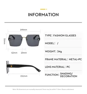 Size chart for rimless clover sunglasses showing 144mm width and metal frame details