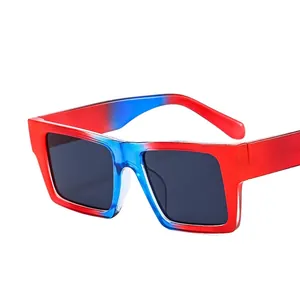 Square two-tone red and blue ombre sunglasses with dark lenses shown from a 45-degree angle