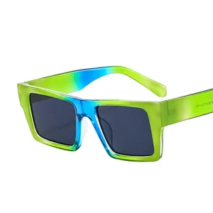 Retro square sunglasses with gradient green and blue frames and dark tinted lenses
