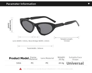 Size chart showing 54mm lens width and 141mm temple length for cat eye sunglasses