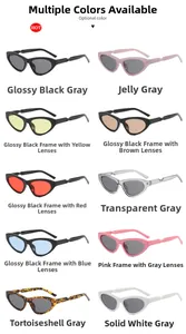 Grid view of small cat-eye sunglasses in multiple colors and twisted temple designs