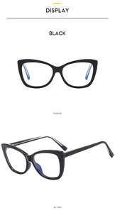 Detailed front and 45-degree side views of black cat-eye TR90 anti-blue light glasses