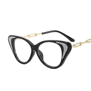 Cat eye anti-blue light glasses with black glitter frames and gold chain temples