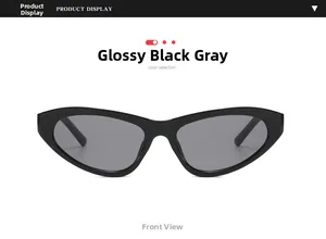 Front view of cat-eye sunglasses with glossy black frames and dark grey lenses