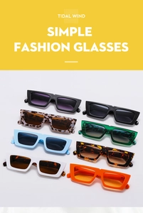 Collection of retro rectangular sunglasses in multiple vibrant colors on a bright background