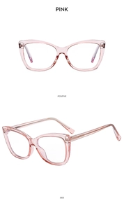 Front and side views of translucent pink cat-eye glasses with TR90 material frames