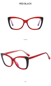 Front and side views of stylish cat-eye frames in translucent red and black finish