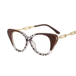 Cat eye glasses frame with dark brown and marble pattern splicing and gold chain temples