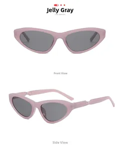 Detailed front and side view of cat eye sunglasses with twisted jelly grey frames