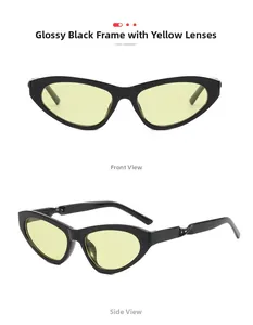 Detail of cat-eye sunglasses with yellow lenses and twisted temple design on white background