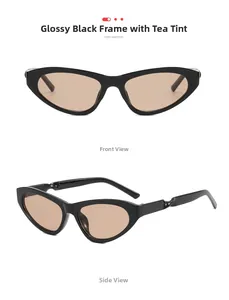 Detail of cat eye sunglasses with twisted temples and brown lenses in black frames