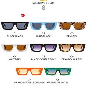 Detail view showing eight color options for vintage rectangular frame sunglasses