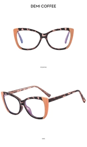 Cat eye blue light glasses in demi coffee finish showing front and side perspectives