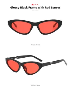 Detail view of cat eye sunglasses with twisted temples and vibrant red lenses
