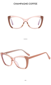 Front and side view of cat-eye eyewear frames in champagne coffee transparent finish