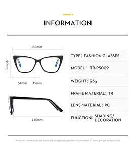 Detailed size chart for black TR90 cat eye glasses frames with specific dimensions