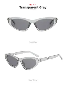 Detail of transparent grey cat eye sunglasses featuring unique spiral twisted temples