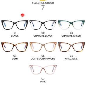 Detailed grid showing seven color options for stylish cat-eye TR90 blue light glasses