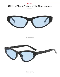 Cat eye sunglasses with bright black frame and blue lenses in front and side views