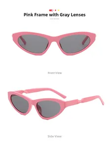 Pink cat eye sunglasses with grey lenses and unique wavy temples shown in detail