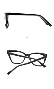 Side and back view of glossy black cat-eye glasses frame with blue light blocking lenses